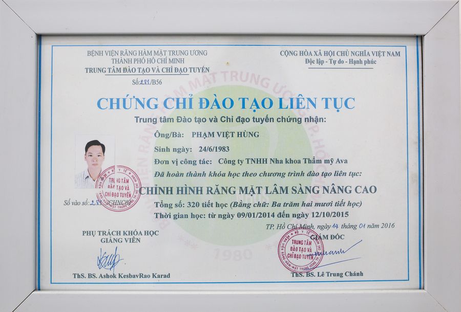 Chứng chỉ đào tạo liên tục Chỉnh hình răng mặt nâng cao của BS. Phạm Việt Hùng