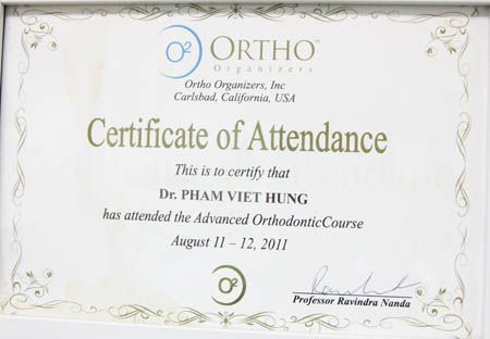 Chứng chỉ Ortho Organizers – Advanced Orthodontic Course (2011)