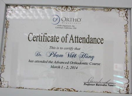 Chứng chỉ Ortho Organizers – Advanced Orthodontic Course (2014)